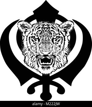 Tête de tigre avec des crocs et des épées croisées, khanda. Esquisse pour tatouage, bouton, vecteur, isolé Illustration de Vecteur