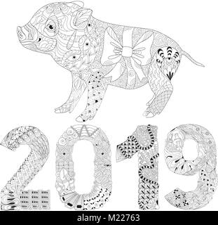 Zentangle illustration avec nombre de porcs et de 2019. Tangle Zen ou doodle porcelet. Livre de coloriage animal domestique. Illustration de Vecteur