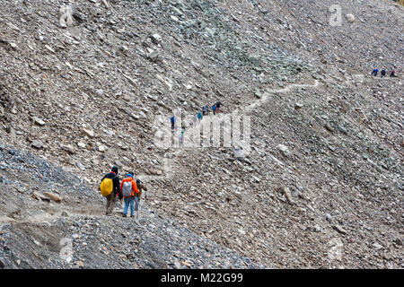 LAKE LOUISE, CANADA - SEPT 17, 2016 : Les randonneurs traversent le sentier rocheux du mont Temple à col Sentinel dans la vallée de mélèzes près de Lake Louise à Banff Na Banque D'Images