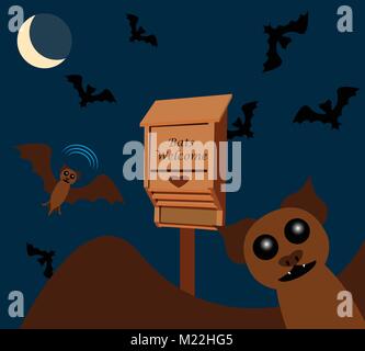 Les chauves-souris volant dans le ciel de nuit autour d'un bat house, avec la lune en arrière-plan Illustration de Vecteur