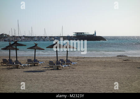 La plage et le port de plaisance de l'aube au Costa Caleta de Fuste, Fuerteventura, Îles Canaries, Espagne, l'Union européenne. Banque D'Images