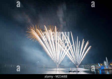 D'artifice lumineux et colorés contre un ciel de nuit noire.Fireworks pour nouvel an. Beau feu d'artifice de couleurs sur le lac urbain de célébration Banque D'Images