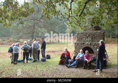 Les randonneurs se reposant à la cheminée, dans le parc national New Forest, Hampshire, Angleterre. Banque D'Images