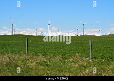 Une ferme d'éoliennes s'asseoir dans un champ d'herbe verte avec une vue imprenable sur les montagnes Rocheuses couvertes de neige dans la distance Banque D'Images