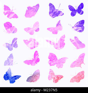 Silhouettes de papillons en aquarelle de couleur rose. Les dessins d'un animal isolé sur un fond blanc. Illustration d'un insecte fait main. Banque D'Images