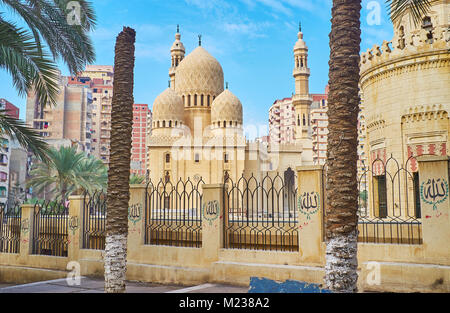 La promenade le long de la clôture avec mot 'Allah' wroten sur ses colonnes, la mosquée de Sidi Yaqut al-Arshi est vue sur arrière-plan, Alexandrie, Egypte. Banque D'Images