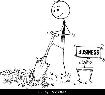 Caricature de Businessman creuser un trou pour planter avec les Sign Illustration de Vecteur