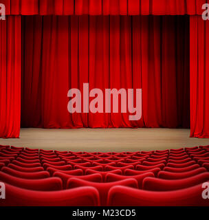 Rideau de théâtre sur scène avec des sièges rouge 3d illustration Banque D'Images