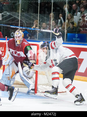 Riga, Lettonie. 4e Février, 2018.. Pré-tournoi match entre l'équipe du Canada de hockey sur glace et de hockey sur glace de l'équipe de Lettonie à Riga Arena. Credit : Gints Ivuskans/Alamy Live News Banque D'Images