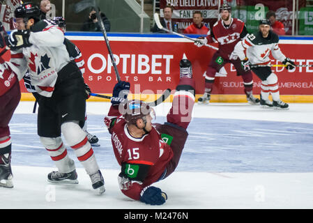 Riga, Lettonie. 4e Février, 2018.. Martins Karsums, au cours de pré-tournoi match entre l'équipe du Canada de hockey sur glace et de hockey sur glace de l'équipe de Lettonie à Riga Arena. Credit : Gints Ivuskans/Alamy Live News Banque D'Images