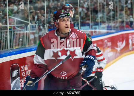 Riga, Lettonie. 4e Février, 2018.. Martins Karsums, au cours de pré-tournoi match entre l'équipe du Canada de hockey sur glace et de hockey sur glace de l'équipe de Lettonie à Riga Arena. Credit : Gints Ivuskans/Alamy Live News Banque D'Images