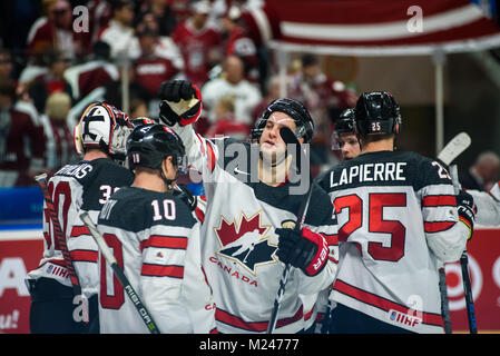 Riga, Lettonie. 4e Février, 2018.. Pré-tournoi match entre l'équipe du Canada de hockey sur glace et de hockey sur glace de l'équipe de Lettonie à Riga Arena. Credit : Gints Ivuskans/Alamy Live News Banque D'Images