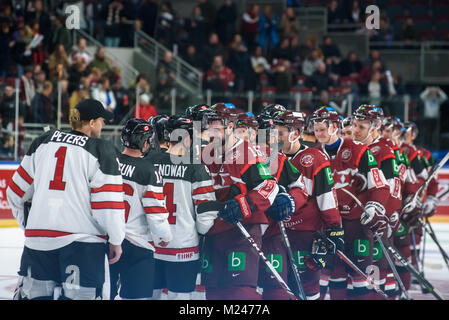 Riga, Lettonie. 4e Février, 2018.. Pré-tournoi match entre l'équipe du Canada de hockey sur glace et de hockey sur glace de l'équipe de Lettonie à Riga Arena. Credit : Gints Ivuskans/Alamy Live News Banque D'Images