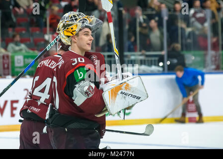 Riga, Lettonie. 4e Février, 2018.. Merzlikins Elvis, après pré-tournoi match entre le Canada et l'équipe nationale de hockey sur glace de hockey sur glace de l'équipe de Lettonie à Riga Arena. Credit : Gints Ivuskans/Alamy Live News Banque D'Images