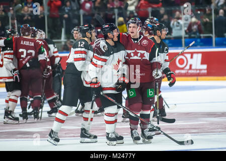 Riga, Lettonie. 4e Février, 2018.. Pré-tournoi match entre l'équipe du Canada de hockey sur glace et de hockey sur glace de l'équipe de Lettonie à Riga Arena. Credit : Gints Ivuskans/Alamy Live News Banque D'Images