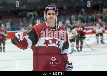 Riga, Lettonie. 4e Février, 2018.. Mikelis Redlihs après pré-tournoi match entre le Canada et l'équipe nationale de hockey sur glace de hockey sur glace de l'équipe de Lettonie à Riga Arena. Credit : Gints Ivuskans/Alamy Live News Banque D'Images