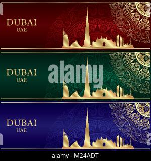 Ensemble de Dubai skyline silhouette sur fond vintage, vector illustration Illustration de Vecteur