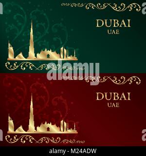 Ensemble de Dubai skyline silhouette sur fond vintage, vector illustration Illustration de Vecteur