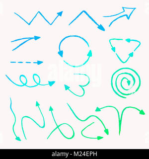 Jeu de flèches bleu aquarelle. Une collection de silhouettes. Les panneaux isolés indiquant le sens de la circulation sur un fond blanc. Peinture à la main de Banque D'Images