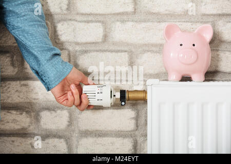 Réglage de température de radiateur avec Piggy Bank Banque D'Images