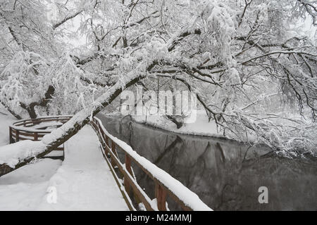 Belle scène d'hiver sur Yauza river après de fortes chutes de neige, Babushkinkiy, district de Moscou. Banque D'Images