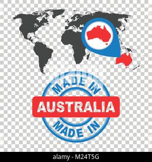 Fabriqués en Australie stamp. Carte du monde avec pays rouge. Dans l'emblème de scénario télévision style sur fond isolé. Illustration de Vecteur