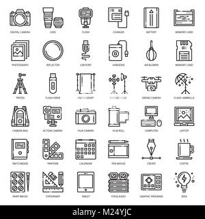 Photographe et designer, gadget, icône contour parfait pixel isolé sur fond blanc Illustration de Vecteur