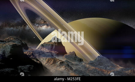 Vue de la planète Saturne et les anneaux, vu de l'une de ses lunes Banque D'Images