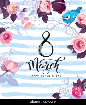 8 mars célébration modèle d'affiche avec de magnifiques cadeaux de Noël, de couleur rose, fleurs semi oiseau mignon sur fond bleu avec des traces de peinture blanche. Vector illustration pour la journée internationale de la femme. Illustration de Vecteur