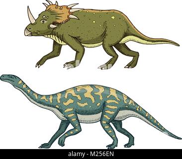 Dinosaure Triceratops Apatosaurus, Barosaure, Tenontosaurus Plateosaurus, large, lézard, Massospondylus, Diplodocus, brachiosaures, squelettes, fossiles. Reptiles préhistoriques, Animal Hand drawn vector Illustration de Vecteur