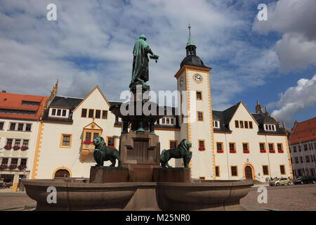 Brunnendenkmal Obermarkt mit und Rathaus, Freiberg, Landkreis Mittelsachsen, Sachsen, Allemagne Banque D'Images