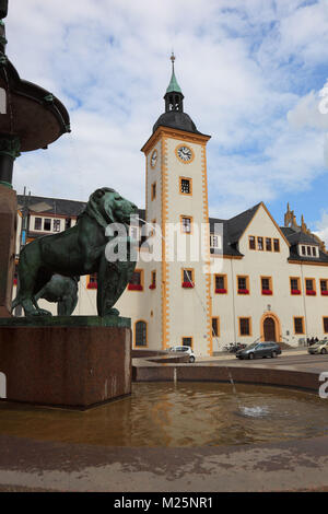 Brunnendenkmal Obermarkt mit und Rathaus, Freiberg, Landkreis Mittelsachsen, Sachsen, Allemagne Banque D'Images