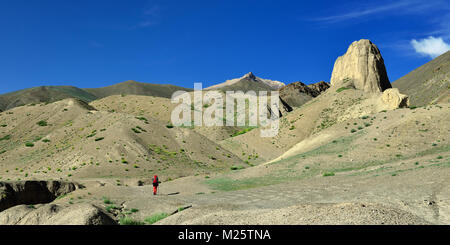 Voyageur sur la randonnée de la vallée de Markha route trek au Ladakh, Karakorum panorama. Cette région est un but d'expéditions organisées par I moto Banque D'Images