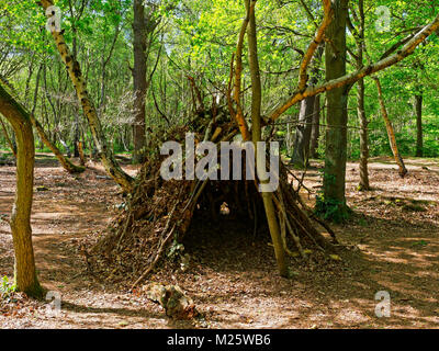 Dans une clairière dans la forêt de Sherwood est un enfant's den, faites de branches, de brindilles et recouverte de feuilles mortes. Banque D'Images