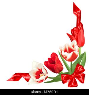 L'élément décoratif avec des tulipes rouges et blanches. Belles fleurs réalistes, de bourgeons et de feuilles Illustration de Vecteur