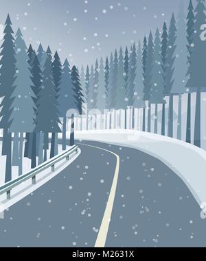 Paysage d'hiver avec la forêt, la neige et la route, vector design Illustration de Vecteur