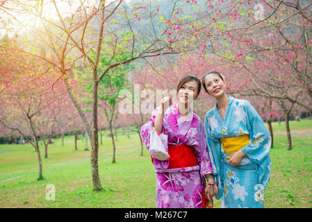 Heureux filles élégante rose kimono japonais à la fleur de cerisier en fleurs pendant les vacances et de pointage pour ami. partage de sakura Banque D'Images