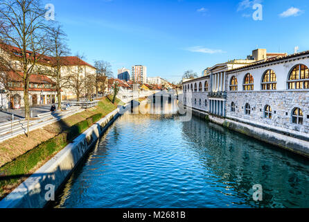 La rivière Ljubljanica avec de vieux marché central et Dragon bridge, Ljubljana. Vue depuis les bouchers au pont du marché couvert par Plecnik architecte célèbre Joz Banque D'Images