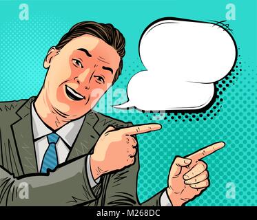 Homme d'affaires réussi ou heureux homme costume d'affaires en direction de pointage. Vector illustration dans pop art retro style bande dessinée Illustration de Vecteur
