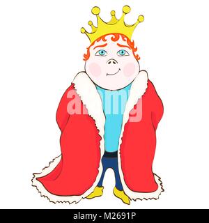 Vector Cartoon king, dessin à la main. Cute funny appelée prince dans le manteau royal rouge, aux cheveux rouges, avec une couronne sur sa tête, isolé sur fond blanc Illustration de Vecteur