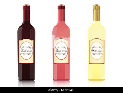 Ensemble de bouteilles de différents types de vins avec des étiquettes, vector dessin réaliste. Bouteille de vin rouge, bouteille de vin rose, une bouteille de vin blanc, isolé sur fond blanc Illustration de Vecteur