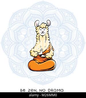 Cute furry méditer lama. Vector cartoon illustration sur un fond blanc avec des lettres de motivation. Être zen et pas de drame. Illustration de Vecteur