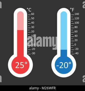 Celsius et Fahrenheit icône thermomètres avec différents niveaux. Télévision vector illustration isolé sur fond noir. Illustration de Vecteur