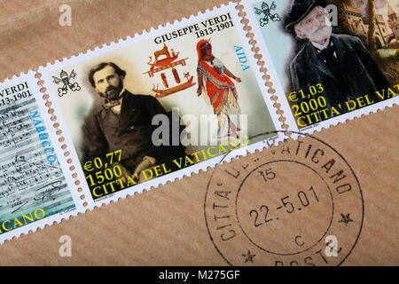 Timbres du Vatican sur une lettre, estampillé, Vatican, Italie, Europe, Gestempelte Briefmarken aus dem Vatikan, Giuseppe Verdi Banque D'Images