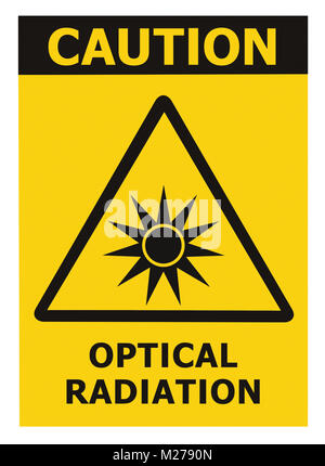 Risque de radiation optique sécurité attention danger avertissement signe texte label autocollant, faisceau de lumière artificielle symbole icône isolé, triangle noir sur jaune Banque D'Images