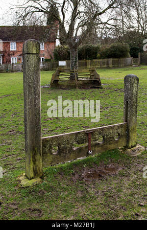 Les stocks sur le village vert à Minstead, Angleterre. Les stocks ont été utilisés pour les châtiments corporels et de honte. Banque D'Images