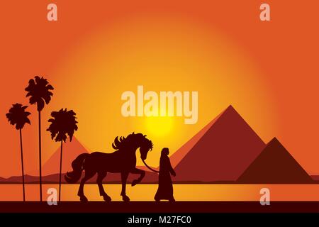 L'Egypte Pyramides avec silhouette de bédouins et cheval sur fond coucher vector illustration Illustration de Vecteur