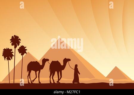 L'Egypte Pyramides avec des caravanes de chameaux sur fond coucher vector illustration Illustration de Vecteur