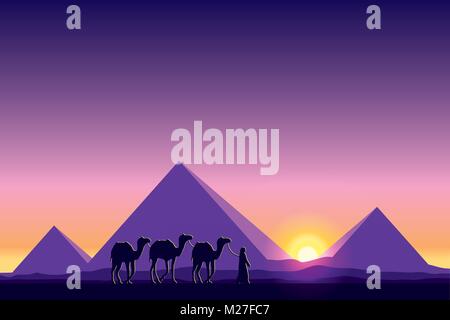 L'Egypte Pyramides avec des caravanes de chameaux sur fond coucher vector illustration Illustration de Vecteur