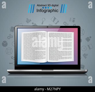 Gadget numérique, ordinateur portable, livre, lire, ebook, bookreader icône. Illustration de Vecteur